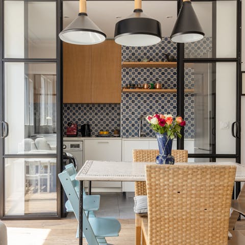 Serve up some French cheese and wine at the dining area