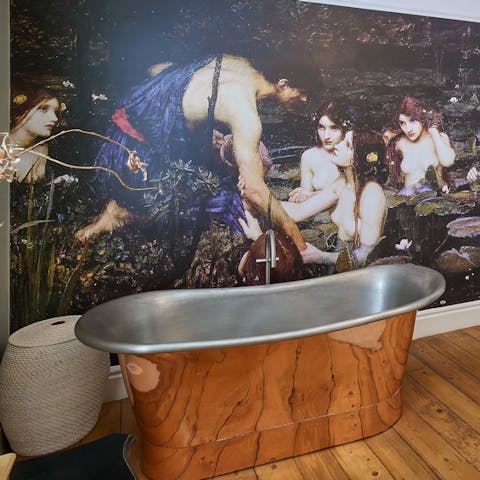 Experience the artistic beauty of this home from the copper tub