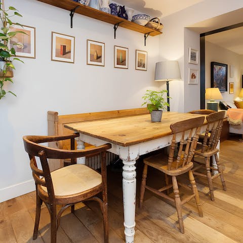 Sit down around the dining table for group meals