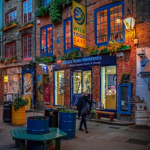 Visit the colourful cafés of Covent Garden, twenty five-minute walk away