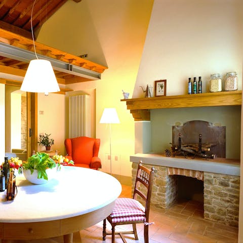 Admire the traditional touches inside – the brick fireplaces and wooden ceilings
