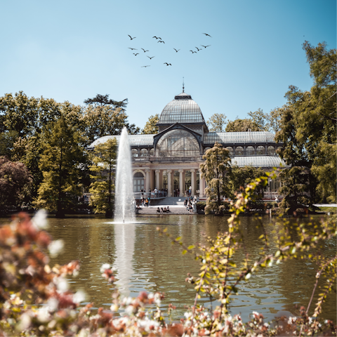 Take a stroll through El Retiro Park, twenty minutes away on foot