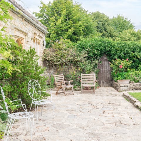 A sunny, flagstoned patio