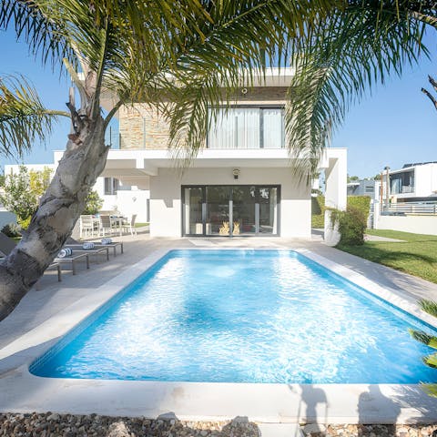 Relax in the private pool while gazing at the palm trees