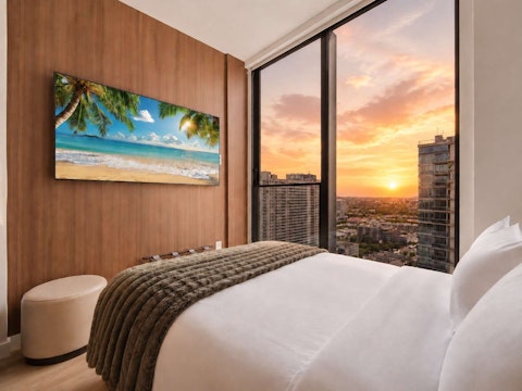 Enjoy views of the Miami skyline from the comfort of the bed