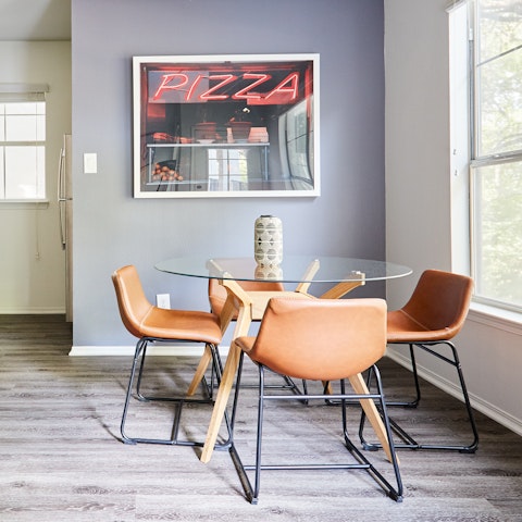 Enjoy some Tex-Mex cuisine or a pizza at your dining table