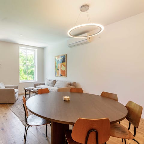 Gather around the large dining table for a group breakfast before setting off