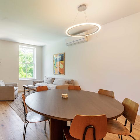 Gather around the large dining table for a group breakfast before setting off