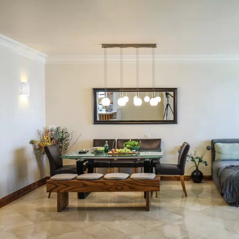 Make plans over an Israeli breakfast in the bright living space