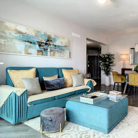 Get comfy in the elegant living room and settle in for an evening of movies