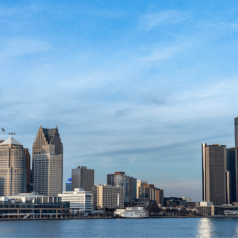 Take in the views of Detroit, with a beautiful riverwalk only fifteen minutes away