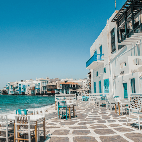 Explore the whitewashed streets of Mykonos Town, just 5.5 kilometres away