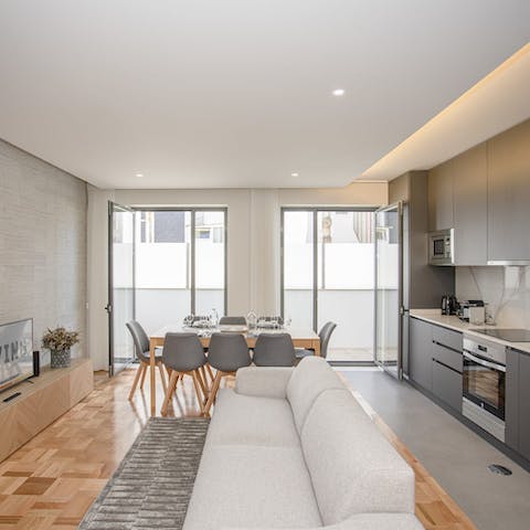 Sit down for a celebratory meal in the light-filled dining area