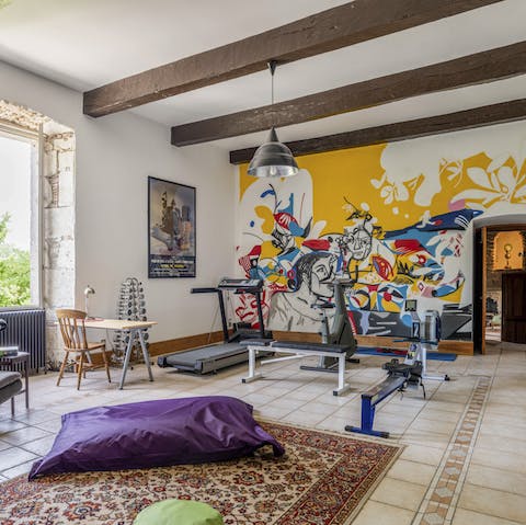 Enjoy a cardio workout using the home's fitness equipment