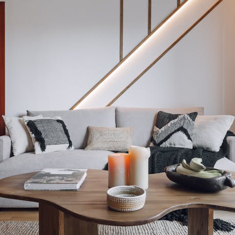 Kick back and unwind on the comfy sofa with the record player on