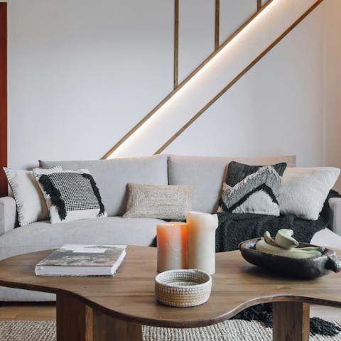 Kick back and unwind on the comfy sofa with the record player on
