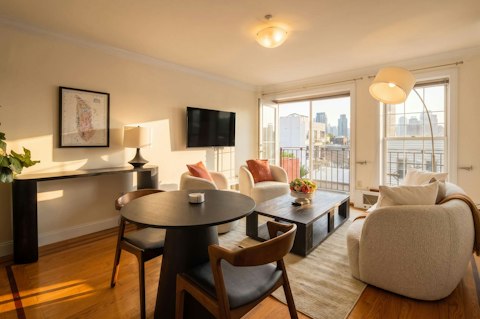 Catch a glimpse of the skyline through the floor-to-ceiling windows