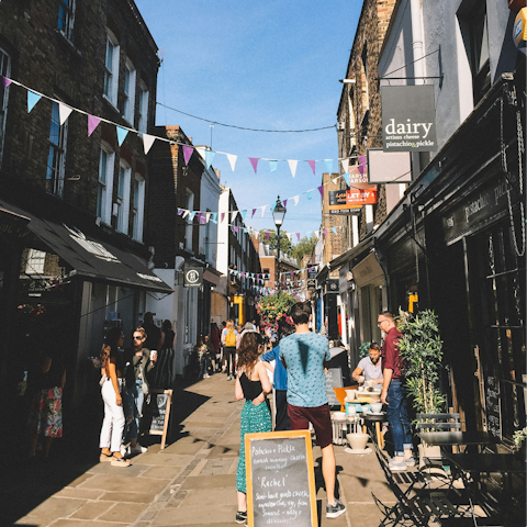 Stroll ten minutes to Camden Passage for shops, cafes, and eateries