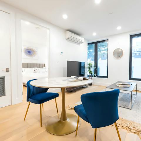 Start mornings with a quick coffee at the stylish dining table