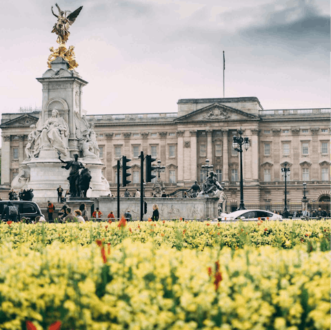 Step outside and begin your London adventure at Buckingham Palace