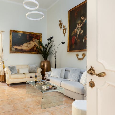 Admire the high ceilings of this historic apartment