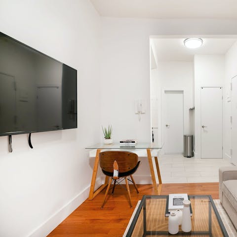 Catch up on work emails at the dedicated desk area