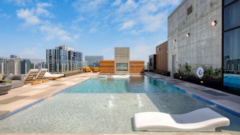 Float above the Austin skyline in the communal rooftop pool