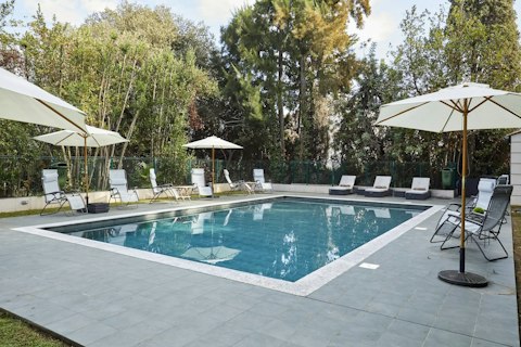 Cool off in the shared pool surrounded by tall trees
