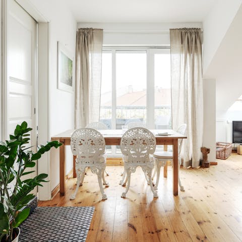 Dine in together in the bright dining space