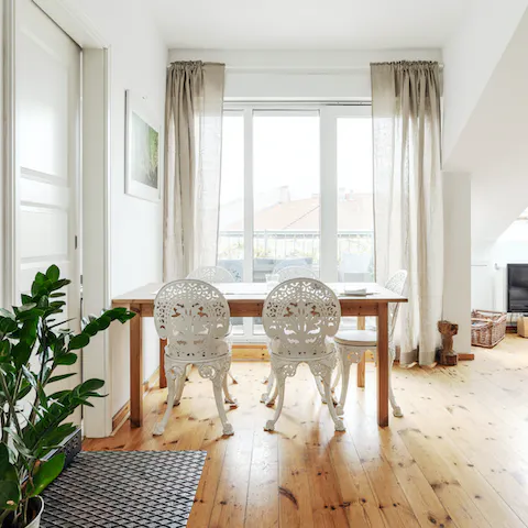 Dine in together in the bright dining space