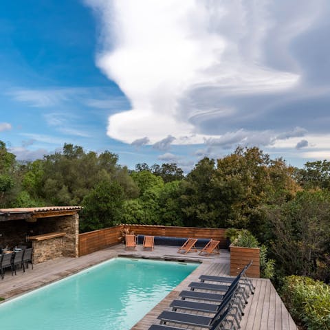 Relax by the pool, surrounded by trees
