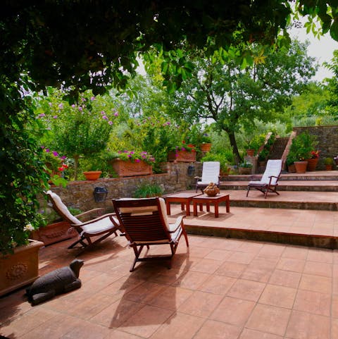 Gather on the terracotta terrace for evening drinks