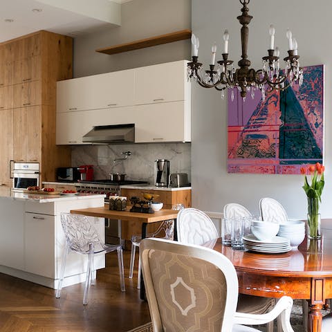 The chandelier in the dining area