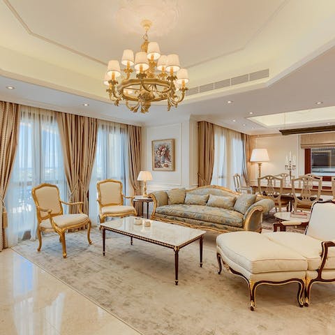 Admire the beautifully upholstered period pieces inside