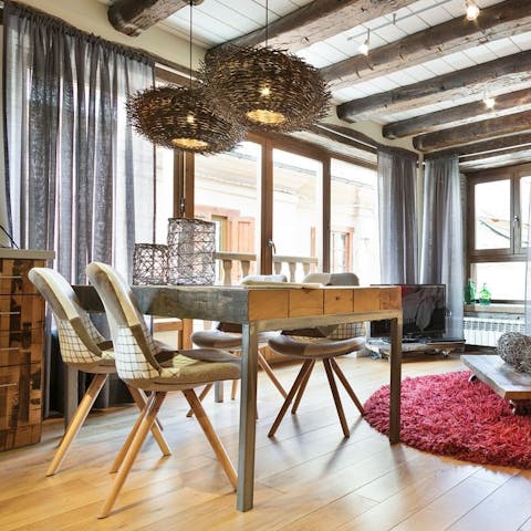 Sit down to a rustic meal in the homey living area