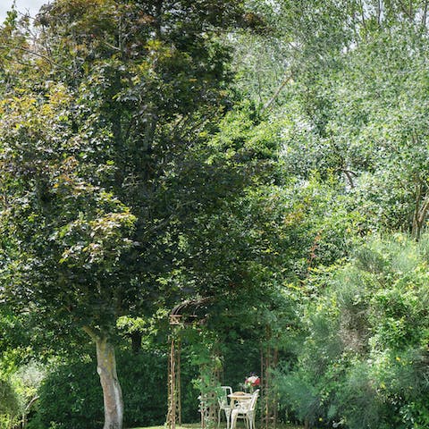 Find serenity among the oaks and orchard trees of your fragrant garden