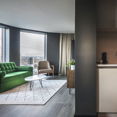 Fire up the coffee pod machine as you soak up the views of the city