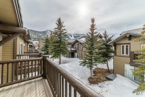 Step outside to pine trees and snow-capped peaks beyond