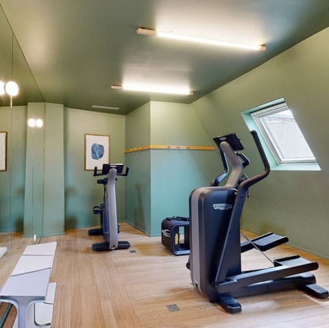 Get pumped up with a workout in the shared fitness room