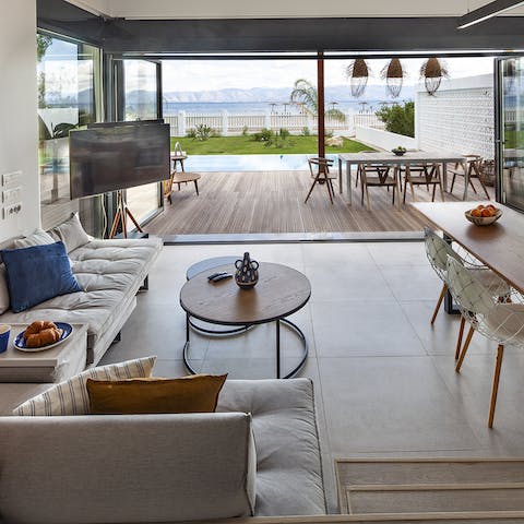 Admire views of the distant mountains from both outside and inside the home