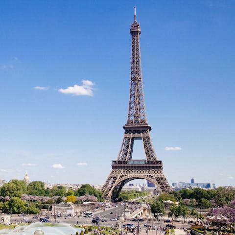 Visit Paris' iconic Eiffel Tower, a thirty-minute walk away