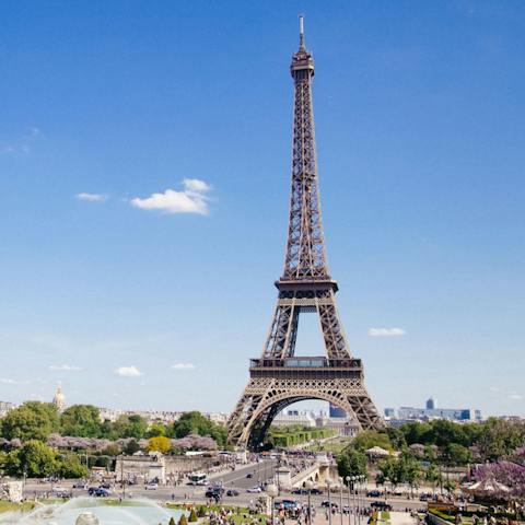 Visit Paris' iconic Eiffel Tower, a thirty-minute walk away