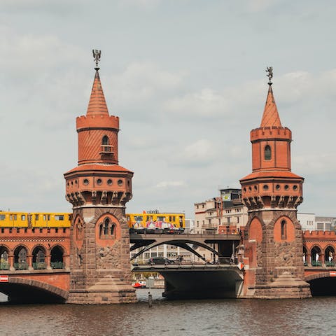 Stay in Friedrichshain, a twenty-minute walk from the Oberbaum Bridge