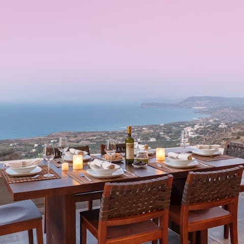 Dine outside and enjoy Crete's incredible sunsets from your hilltop location