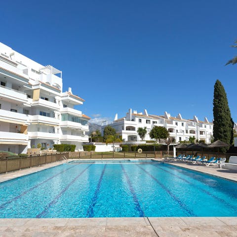 Dive into the communal swimming pool to beat the heat
