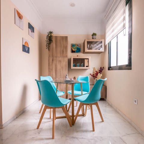 Tuck into a traditional gazpacho for lunch in the bright dining area