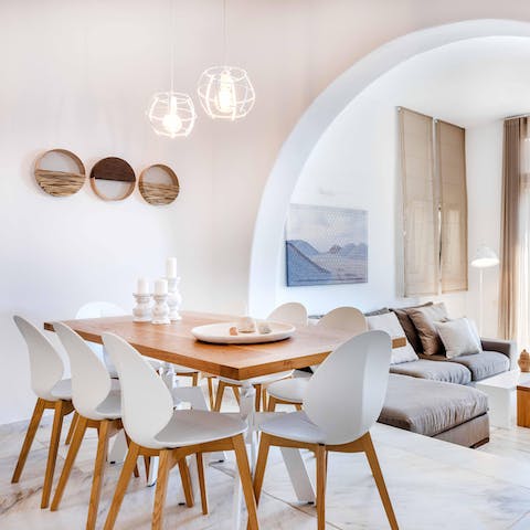 Hang out in the bright, breezy living room designed in Cycladic tradition
