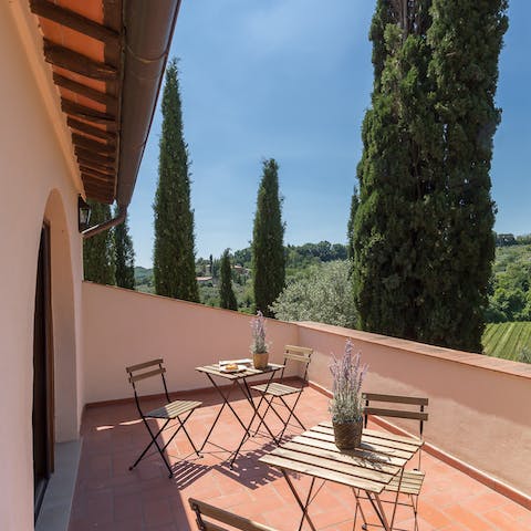 Start the day by sipping coffee on the balcony and look out over the Cypress trees