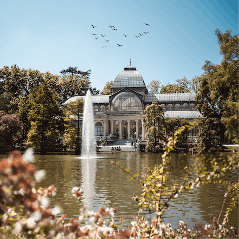 Boat around El Retiro Park's scenic lake, just a fifteen-minute walk away