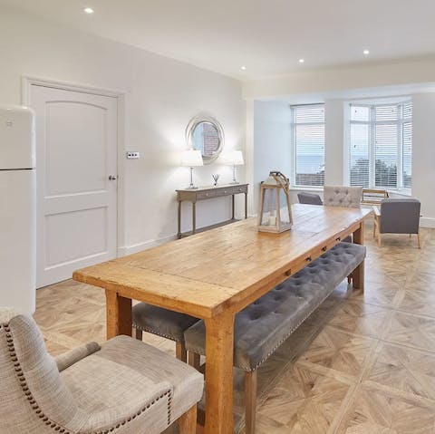 Gather around the rustic dining table for a family meal or board game night